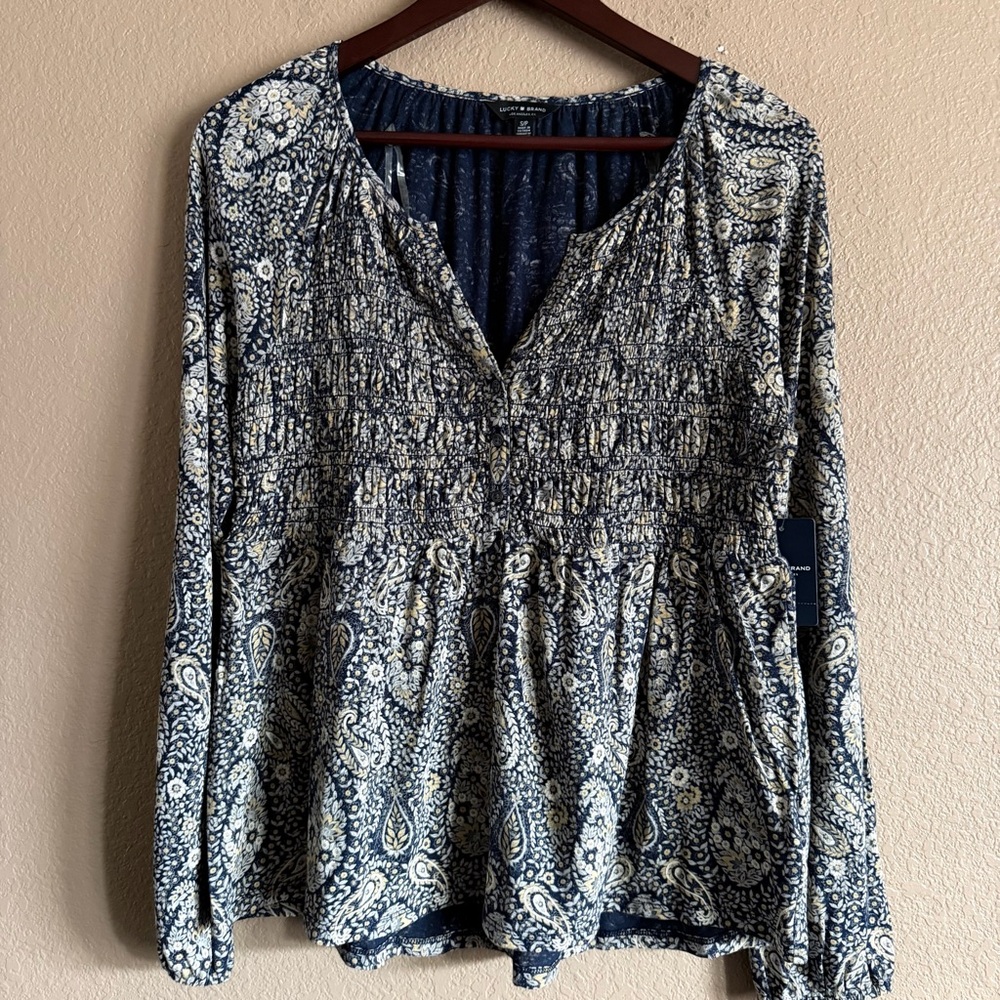 Lucky Brand Smocked Boho Blue Floral Paisley Blouse Size Small NWT